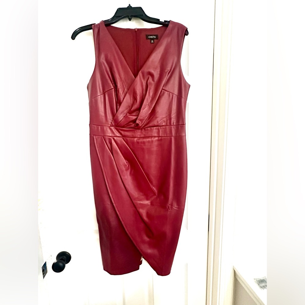 Elegant Faux Leather Red Sleeveless Dress